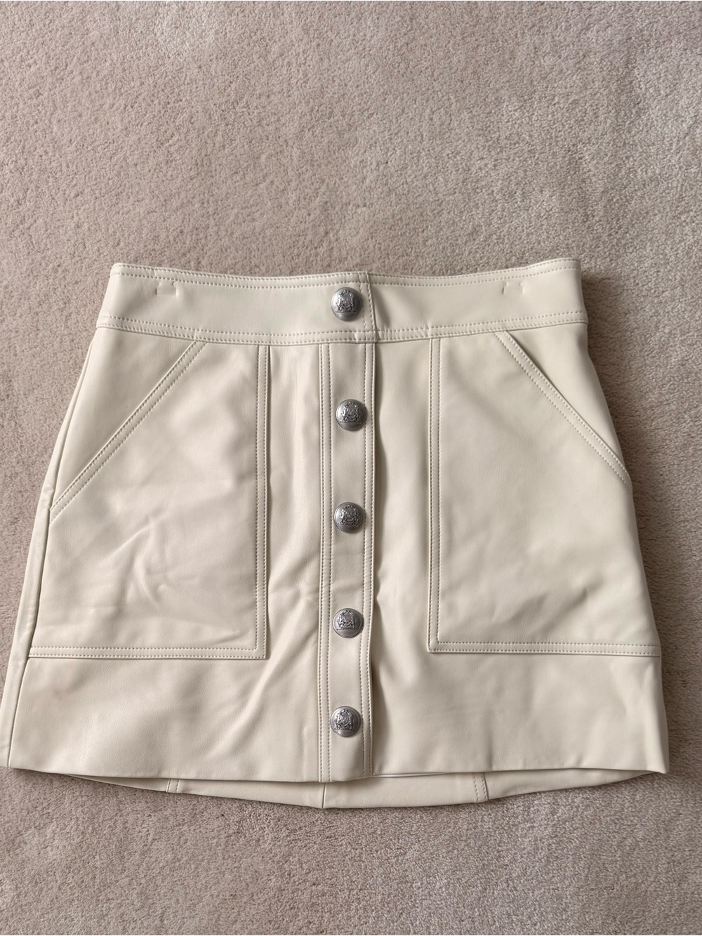 Truth Cream Button-Front Faux Leather Mini Skirt